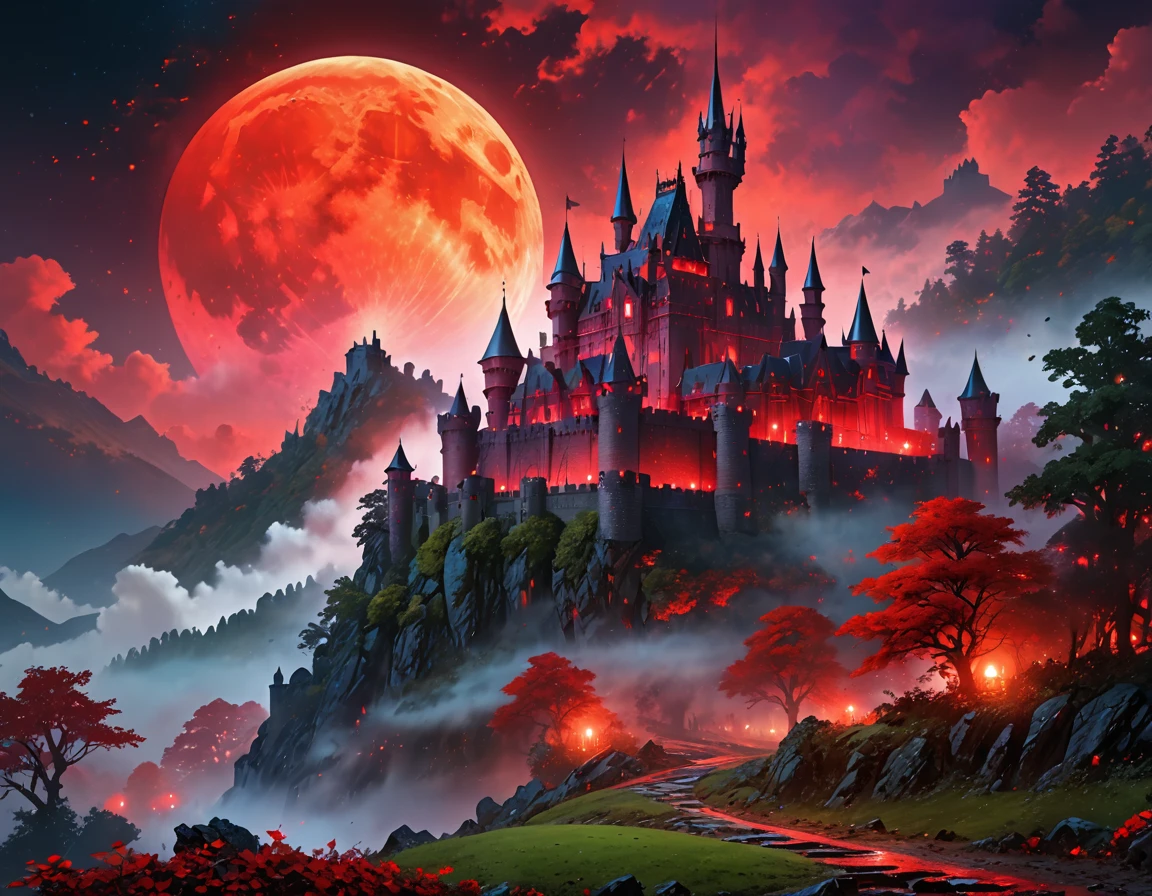 a picture of mist covered fantasy castle at night, half covered by a ((mist: 1,5)),  a dark fantasy castle, (goth castle: 1.4), with towers and (red light : 1.4) coming out of the windows, the castle sits on a hill with few trees, the ((mist covers the ground and some of the castle)), it is night time, the moon is full, dynamic color moon, some stars, dark fantasy forest,  (best details, Masterpiece, best quality :1.5), ultra best realistic pictures , best details, best quality, 16k, [ultra detailed], masterpiece, best quality, (extremely detailed), ultra wide shot, photorealism, depth of field,