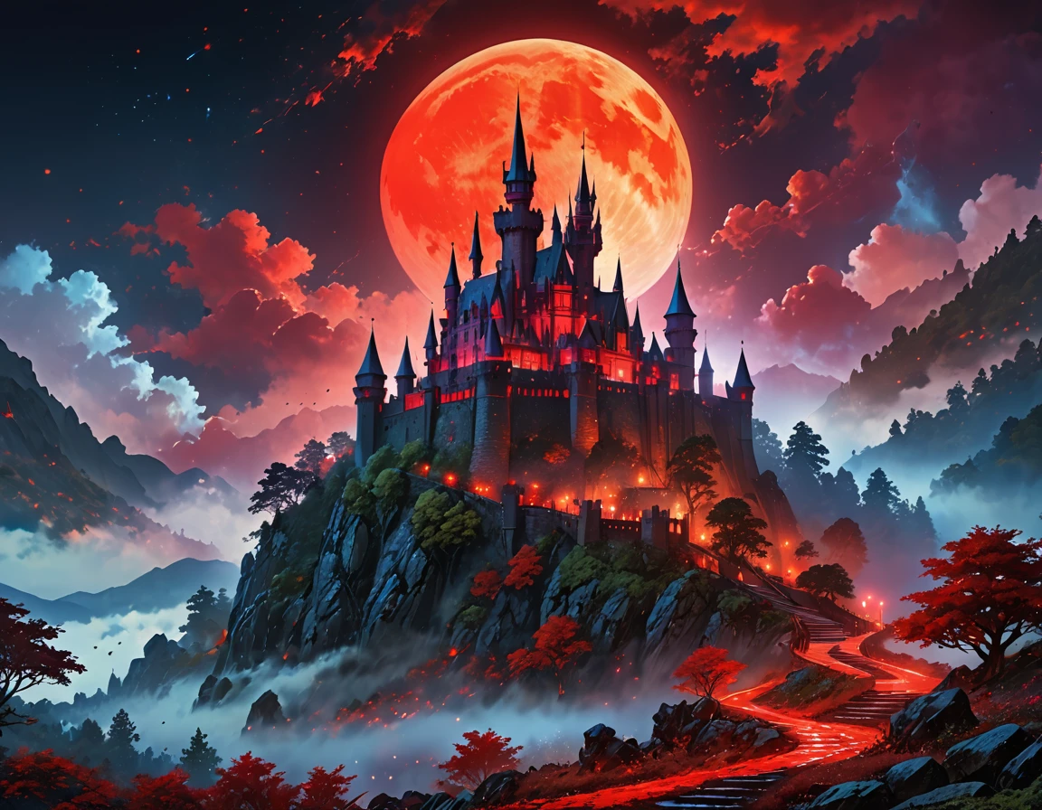 a picture of mist covered fantasy castle at night, half covered by a ((mist: 1,5)),  a dark fantasy castle, (goth castle: 1.4), with towers and (red light : 1.4) coming out of the windows, the castle sits on a hill with few trees, the ((mist covers the ground and some of the castle)), it is night time, the moon is full, dynamic color moon, some stars, dark fantasy forest,  (best details, Masterpiece, best quality :1.5), ultra best realistic pictures , best details, best quality, 16k, [ultra detailed], masterpiece, best quality, (extremely detailed), ultra wide shot, photorealism, depth of field,