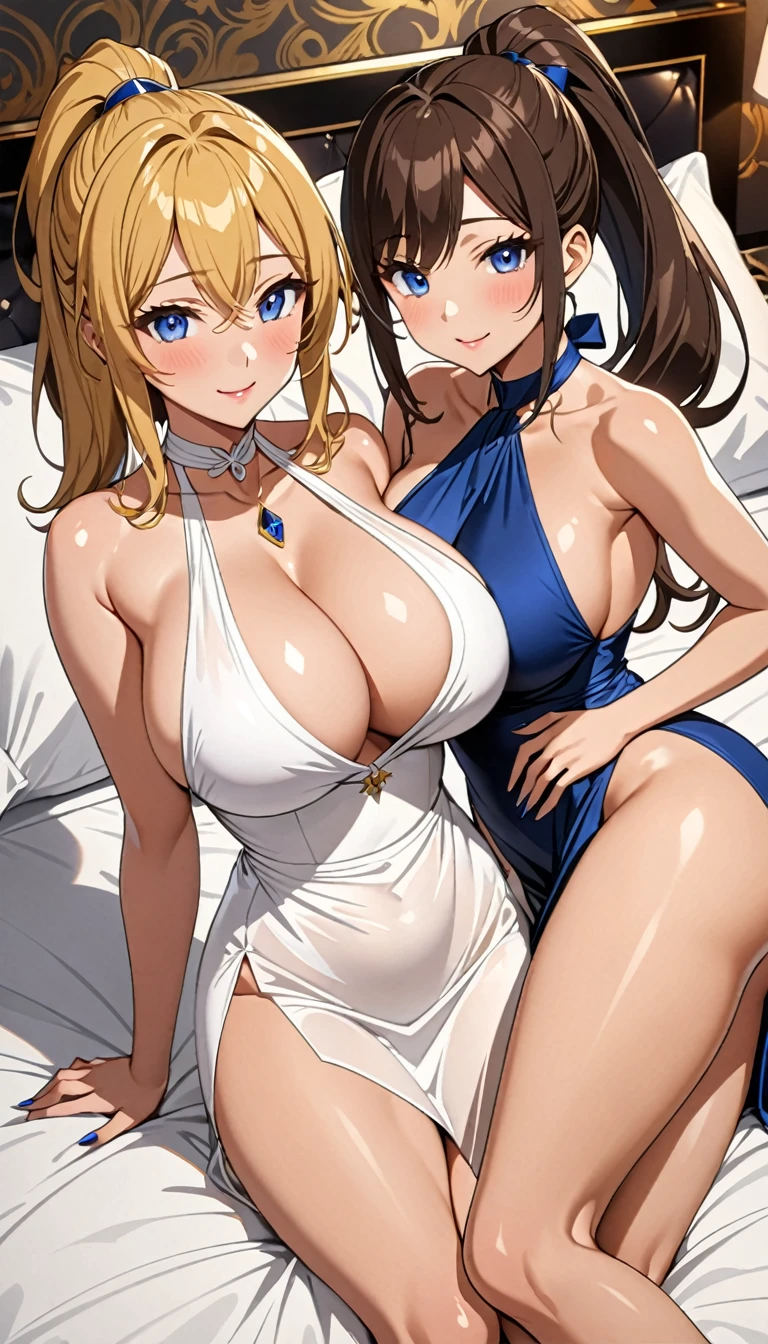 ((masterpiece)), ((Ultra quality)), ((super detailed)), ((high resolution)) ,((8k)), Two beautiful woman, ((They are Female customer and Female high-class hostess.)), unparalleled beauty, ((huge breast:1.6)), ((large ass)), ((deep cleavage)), slim waist, chest out, ultra detailed face, perfect skin, (((Hair that reaches down to the neck, Ponytail golden hair))), blue eyes, detailed eyes, whole body image, sexy, an inviting smile, sensual, (((anime))), ((glamorous)), sexual attraction, ((26 years old)), ((incredibly beautiful woman)), ((The H cup bust)), ((((sexy pose)))) , ((sex friend)), (((Halter neck slit dress, String T-back))), ((beautiful breasts)), beautiful legs, 8 life size, anime, ((charm)), ((Half Japanese and half British)), ((Grown-up face)), Late night bedroom, ((Secret meeting)), Affair, Exuding sex appeal, (((A late-night rendezvous between women))), ((Top-down view)), ((Luxury, At the peak of her femininity, Wealthy woman who brought high-class hostess to bed, two woman, lesbian sex)), ((Top view, Lie down on the bed)),