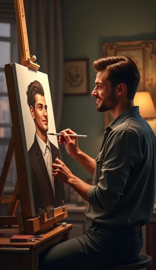 photorealistic, best quality, masterpiece, extremely detailed, extremely handsome, 25 year old man, he is painting a portrait of a man wearing jeans and tshirt on a canvas, on easel, huge smile, looking at camera, in personal art studio, extremely romantic atmosphere, perfect face, perfect fingers, perfect hands, perfection