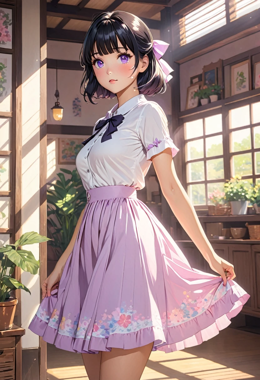an anime style woman in a dress standing in sunlight looking to the right, 1girl, looking at viewer, solo, bow, indoors, hair bow, shirt, bangs, black hair, short sleeves, blush, purple eyes, breasts, skirt