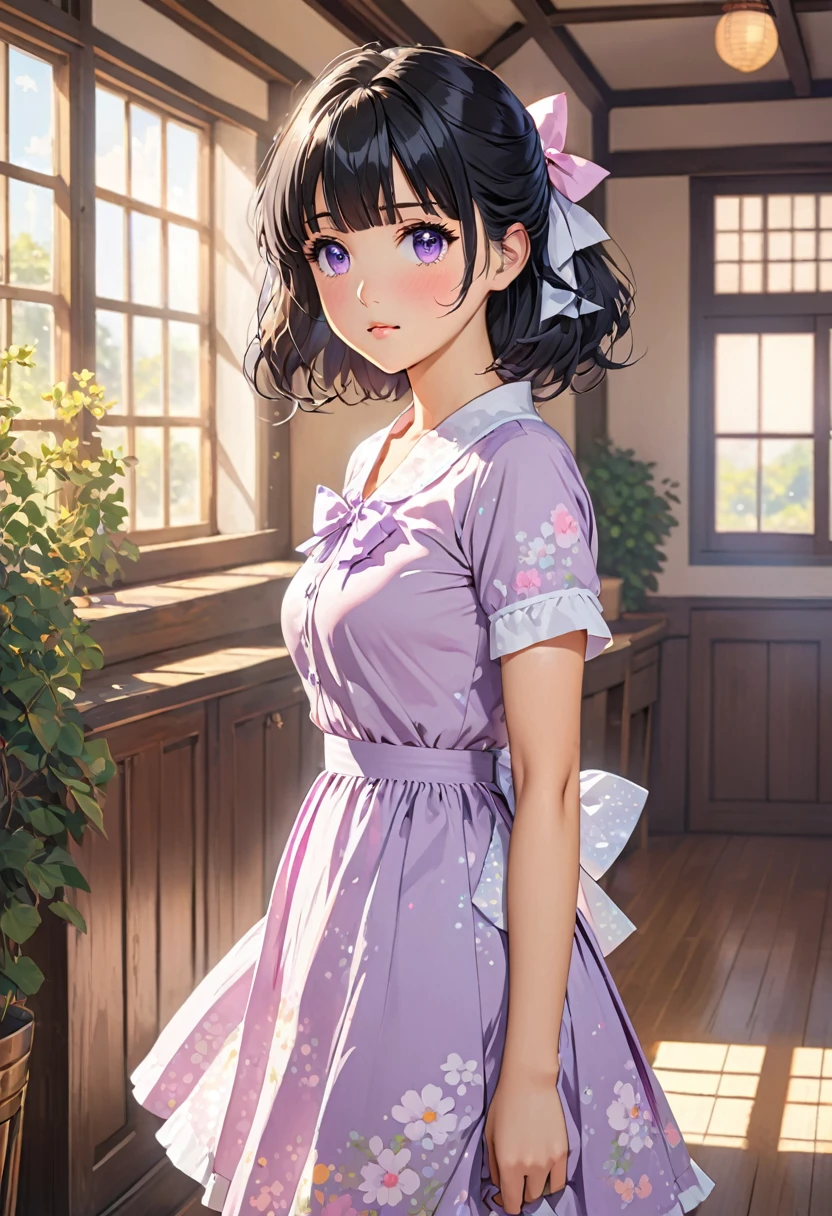 an anime style woman in a dress standing in sunlight looking to the right, 1girl, looking at viewer, solo, bow, indoors, hair bow, shirt, bangs, black hair, short sleeves, blush, purple eyes, breasts, skirt