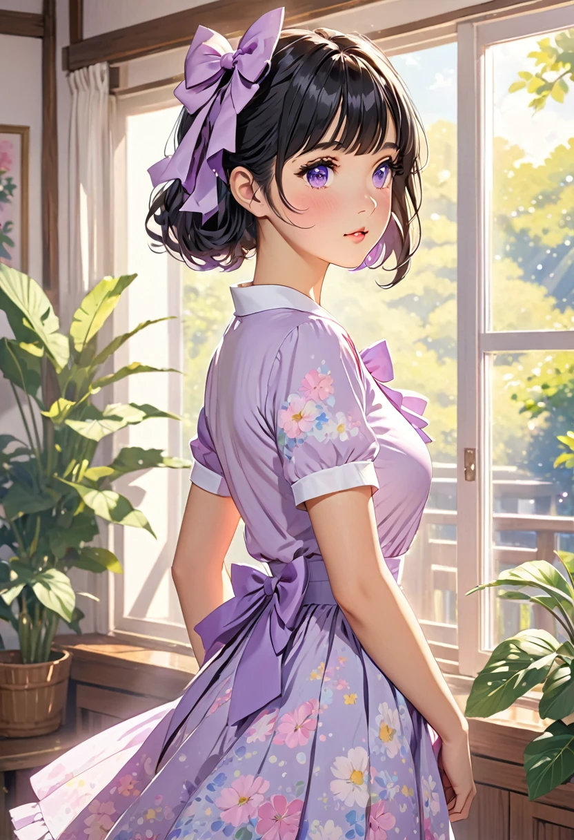an anime style woman in a dress standing in sunlight looking to the right, 1girl, looking at viewer, solo, bow, indoors, hair bow, shirt, bangs, black hair, short sleeves, blush, purple eyes, breasts, skirt