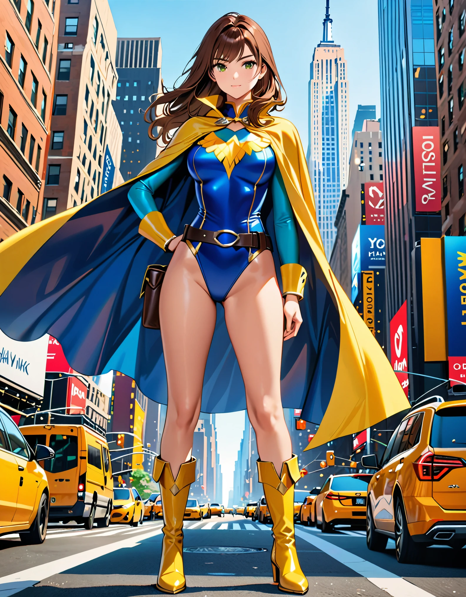 (masterpiece), (best quality), (high res), 1lady, tall body, highly detailed, professional, beautiful detailed eyes, beautiful detailed face, perfect hands, complete fingers, perfect ???????, perfect proportions, ((brown hair, medium hair, hair down)), ((green eyes)), ((leotard, (red leotard), matching leotard)), (bare legs), (boots, matching boots, knee-high boots, yellow boots), breasts, medium breasts, (full body portrait), looking at viewer, solo, solo focus, standing, one hand on hip, cowboy shot, new york backdrop, ((fastened tight belt)), (blue sleeves, yellow cuffs), ((yellow hawk/(symbol/)) on chest), ((medium cape, (blue cape))), full body costume design.