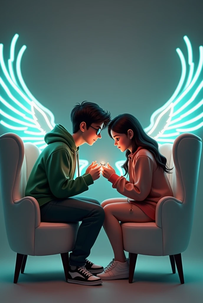 Create a realistic 3D image of a 18-Year-old cute boy and girl, in a green hoodie sit casually on a white Wingback chair. Wearing sneakers, and sunglasses, he looks ahead The boy is proposing with a ring too, “Manish ❤️ ujala” is written in Yellow and Red neon light in the background, and the background is dark grey with wings to look like if they are angels.