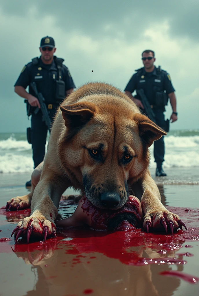 The police go to the sea and see the dog cover blood , biting someone head