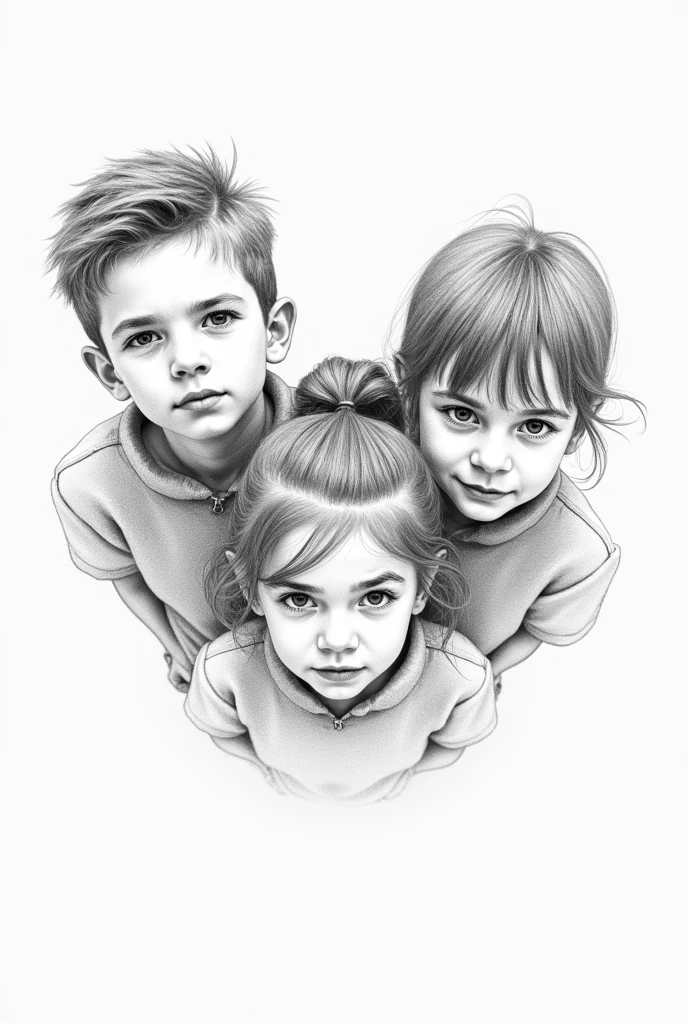Imagine 3  ( 2 male and 1 female) looking up to camera. It's a top angle wide mugshot. Style: pencil sketch. In a landscape format.