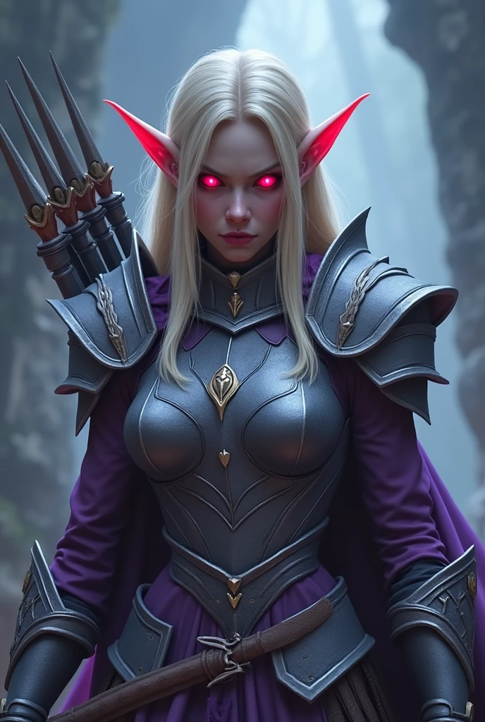 World of Warcraft game theme. Image of an elf(Sylvanas Windrunner) age 35 blonde hair standing holding her favorite bow.Glowing red eyes, SERIOUS LOOK, angry, He wore light armor in Silver and Violet, pastel colours, and dramatic tones. A masterpiece with the highest resolution. , Surrealist image type
