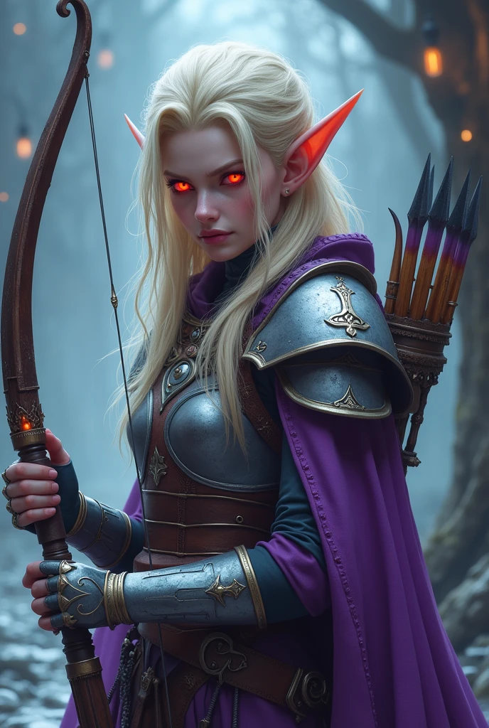 World of Warcraft game theme. Image of an elf(Sylvanas Windrunner) age 35 blonde hair standing holding her favorite bow.Glowing red eyes, SERIOUS LOOK, angry, He wore light armor in Silver and Violet, pastel colours, and dramatic tones. A masterpiece with the highest resolution. , Surrealist image type