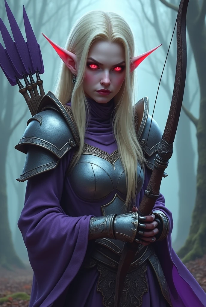 World of Warcraft game theme. Image of an elf(Sylvanas Windrunner) age 35 blonde hair standing holding her favorite bow.Glowing red eyes, SERIOUS LOOK, angry, He wore light armor in Silver and Violet, pastel colours, and dramatic tones. A masterpiece with the highest resolution. , Surrealist image type