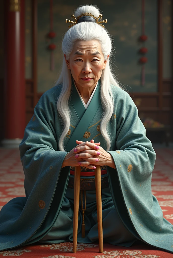60 years old,White hair,Beautiful woman,Ming Dynasty,High martial arts,Faucet crutches,Sitting