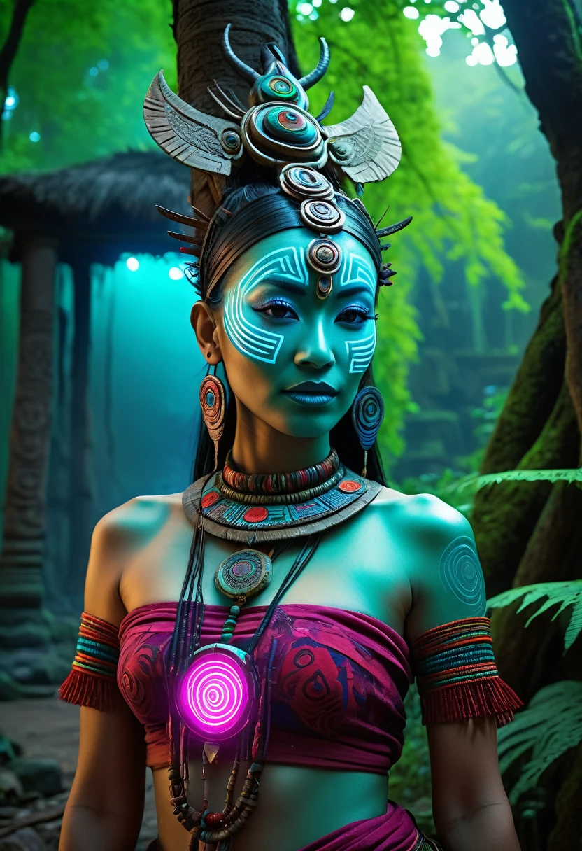 A high-resolution brightly lit photorealistic photograph of a cyberpunk tech wear shaman wearing shamanic ornaments and face mask tribals with tribal clothings and colourfull masks in uv green and blue with criptic signs glowing on the fabric standing by an ancient rain forest temple ruins glowing with criptic symbols of tribals and alienish paterns on the tree trunks glowing in uv red and pink turquoise blue and green colours smog and misty fog in the atmosphere uv glowing blury lightings on the path way lighting the whole aura broken ruins of ancient goddess skulptor glowing in uv colours a ceremony of the tribes The photograph is styled like a high-end lifestle Movie hdr32 k this orignal image octate render unreal lightings, highly detailed , photo realistic , unreal engine 5, depth of view, add noise, Effet de vent:1.9,Effets de nuage:1.2,Rendu complet,Encaustic painting,flammes, epic, dawn, dramatic lighting, dim light, bokeh, The photograph has a light bright happy feel. Use a high-resolution 16k camera with a 2:3 aspect ratio, a raw style, and a quality setting of 2 to capture this vibrant scene . 32k, full ultra hd, high resolution, photorealistic, natural lighting, ultra realistic photo, high quality, HDR, high resolution, smooth and delicate skin, noble and elegant, ultra-realistic photography vibe, shot with Canon camera, intricate details, 32k --ar 16:9 --s 750 --v 6.1 no nudity