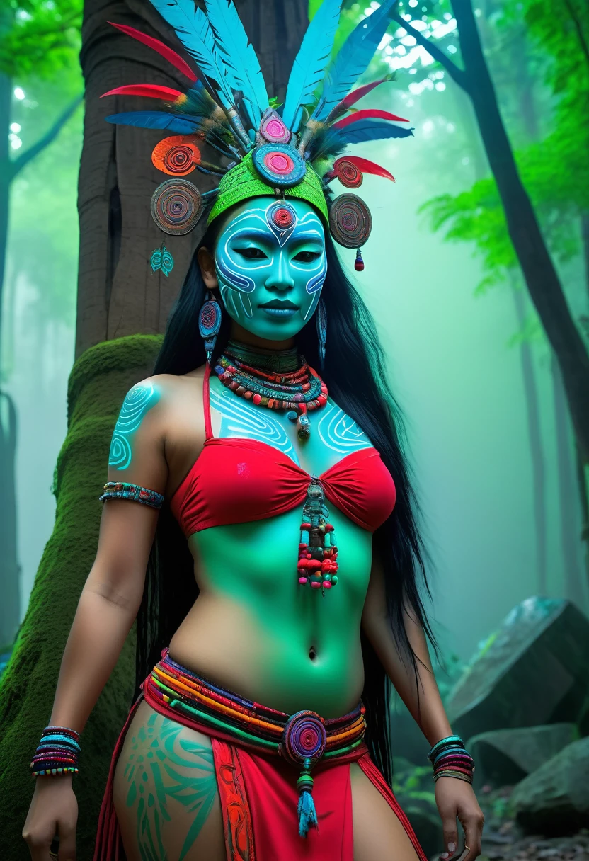 A high-resolution brightly lit photorealistic photograph of a cyberpunk tech wear shaman wearing shamanic ornaments and face mask tribals with tribal clothings and colourfull masks in uv green and blue with criptic signs glowing on the fabric standing by an ancient rain forest temple ruins glowing with criptic symbols of tribals and alienish paterns on the tree trunks glowing in uv red and pink turquoise blue and green colours smog and misty fog in the atmosphere uv glowing blury lightings on the path way lighting the whole aura broken ruins of ancient goddess skulptor glowing in uv colours a ceremony of the tribes The photograph is styled like a high-end lifestle Movie hdr32 k this orignal image octate render unreal lightings, highly detailed , photo realistic , unreal engine 5, depth of view, add noise, Effet de vent:1.9,Effets de nuage:1.2,Rendu complet,Encaustic painting,flammes, epic, dawn, dramatic lighting, dim light, bokeh, The photograph has a light bright happy feel. Use a high-resolution 16k camera with a 2:3 aspect ratio, a raw style, and a quality setting of 2 to capture this vibrant scene . 32k, full ultra hd, high resolution, photorealistic, natural lighting, ultra realistic photo, high quality, HDR, high resolution, smooth and delicate skin, noble and elegant, ultra-realistic photography vibe, shot with Canon camera, intricate details, 32k --ar 16:9 --s 750 --v 6.1 no nudity