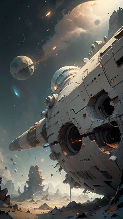 Fantasy，On a different planet，A giant cigar-shaped spaceship is stationary.，The spaceship is broken，Outside the spacecraft, A beautiful female astronaut is making repairs，Flat Chest，Young face，Young body，There are a lot of wrecked spaceships，Expansiveness，Great details，Cinema Lenses，Wide-angle composition，Hazy，starry skies，Indian mythology，Flying lasers，Oil smell