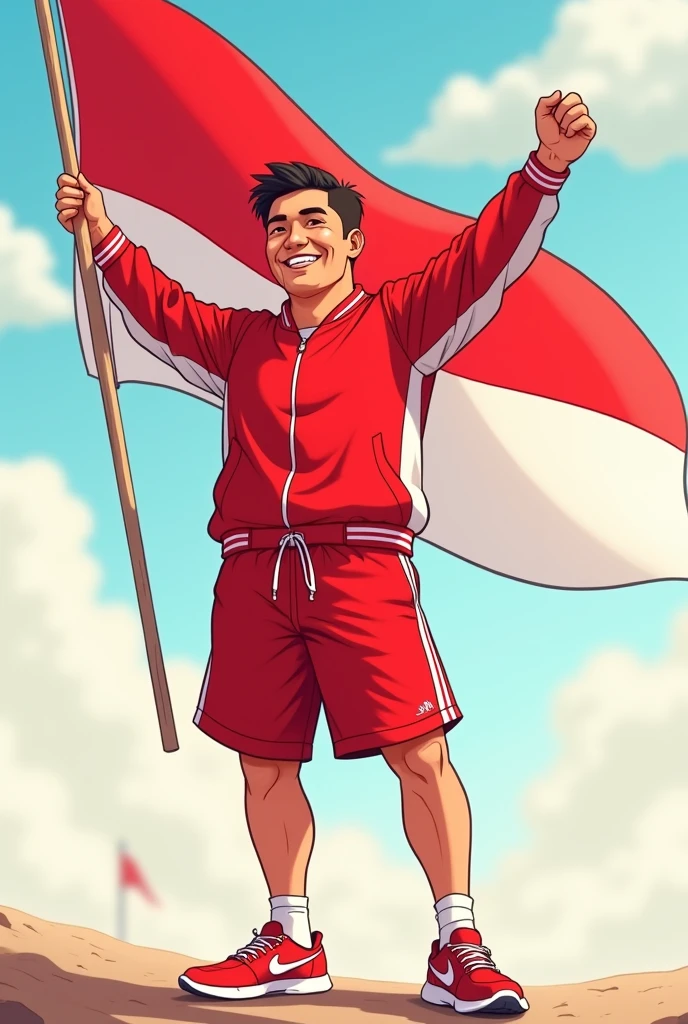 A boy with red tshirt and white pants holding a Indonesian flag