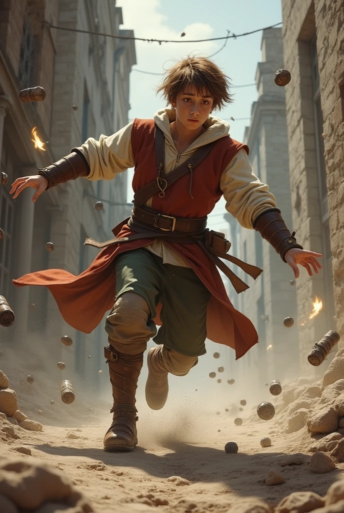 Brown-haired young man in medieval clothing dodging objects