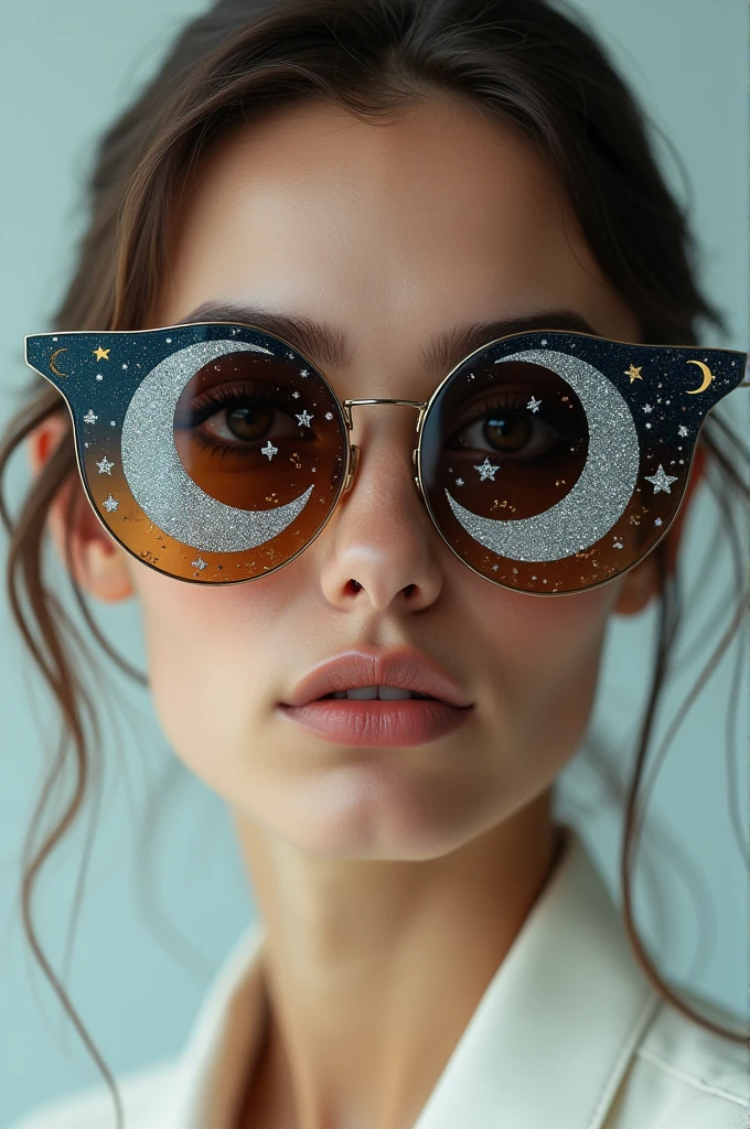The model is wearing glass sunglasses with stars and the moon on the glass