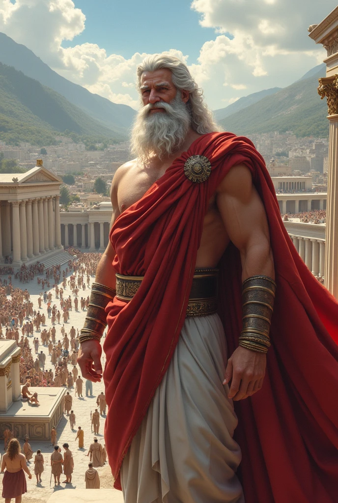 the god zeus, with a naughty smile, and with a Greek-style city in the background