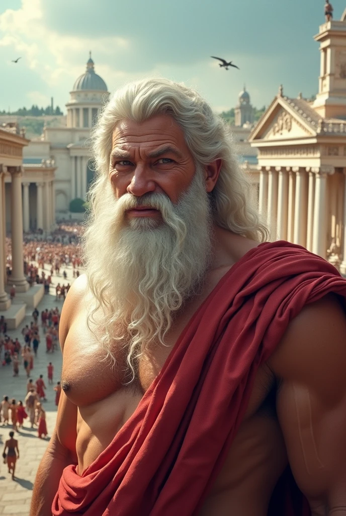 the god zeus, with a naughty smile, and with a Greek-style city in the background