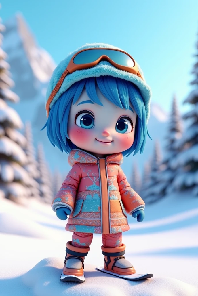 3D Render of a cute cartoon girl blue with snowboarder costume