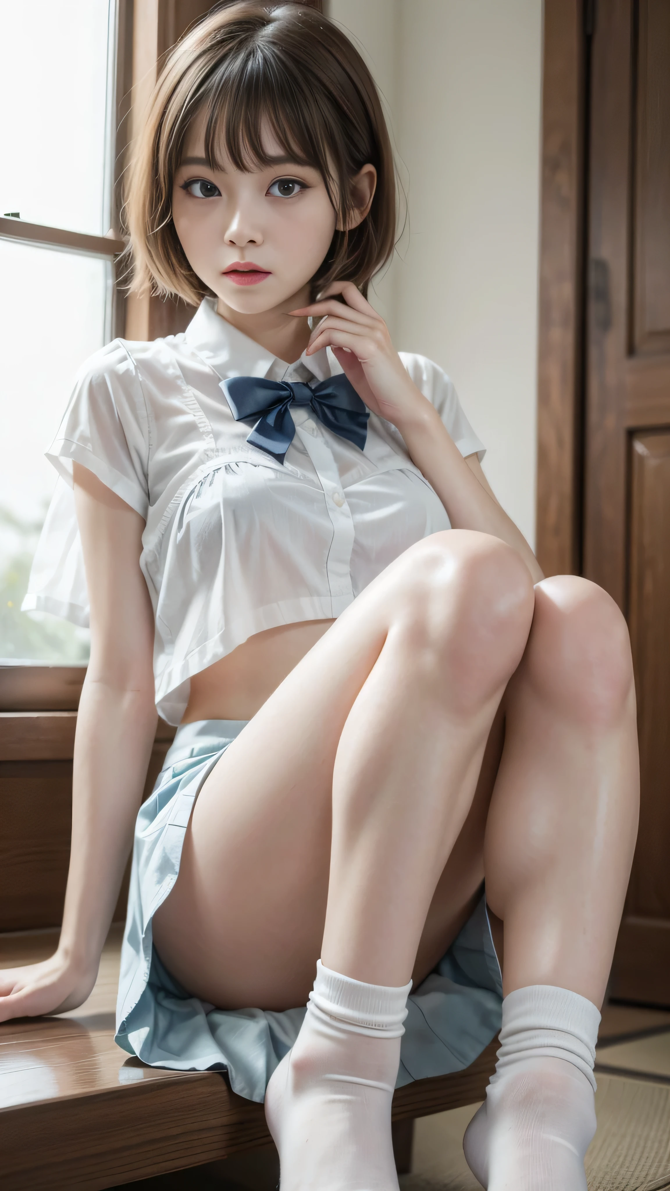 High resolution、high resolution、in 8K、Real Live Action、RAW Photosgraphy、Highest quality、masterpiece、Tabletop、erotic、、studee bra,White skin,knees、(Skin-colored pantyhose)、Detailed Panty Pattern、Panty Focus、White lace panties、absurdes,Small Face、Part your bangs down the middle、The forehead is visible,(Cold look<Squinting my eyes,Glare,strong,Light anger)、masterpiece,Highest quality、超High resolution,RAW Photos,Only,Beautiful poop,one person, one personで,Dark look,Small breasts,whole body、very nice、JK Uniform,(Photorealistic:1.37)、Photon Mapping,Light blue ribbon,Realistic、Cute Face,Brown eye、12 years、(Ree)、物理ベースOnlyダリング、prospect、Depth of written boundary、Blurred Background、picture,US、body,Beautiful feet, Long legs, Thin legs,Bobcut,(I can see the bangs), Lips, green_eye, Nose Soft,(open-necked white shirt), (Navy Pleated Skirt(Pull up your skirt、White panties are visible), I can see the knees,See-through clothing,Cute Japan、Sparkling eyes、Glossy Lips、Dynamic Pose,Short white socks、Showing the dirty sole of a foot raised in the air.
