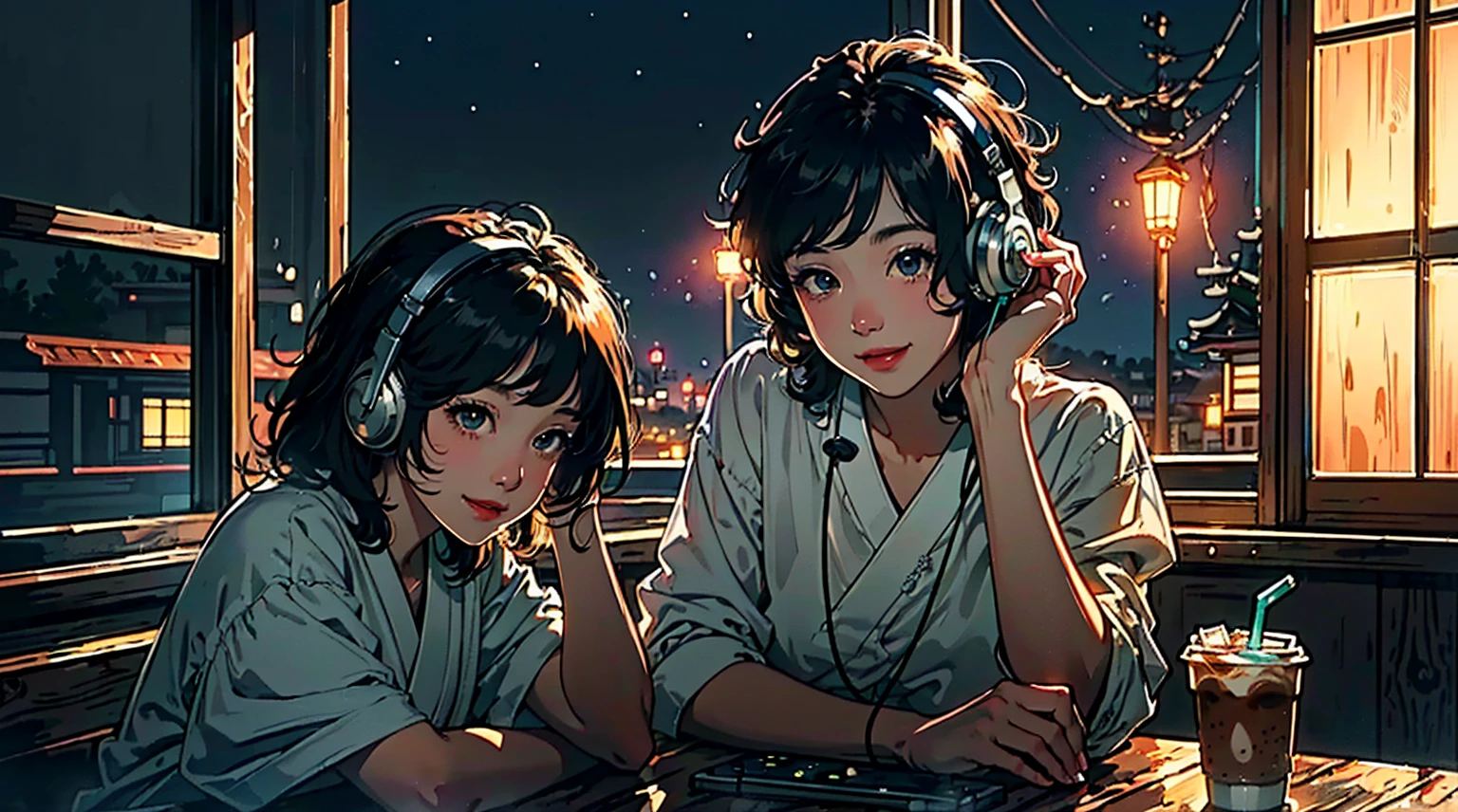 ((8k of extremely detailed CG unit, Masterpiece, high resolution, highest quality, highest quality real texture skin)), (((Cute room))), (((Japanese style headphones))), (((iced coffee))), (((Smiling and listening to music))), ((1 girl)), (Black hair, messy hair, beige skin), (Surreal, digital painting), (((Warm lighting))), (((Night sky from large windows)))