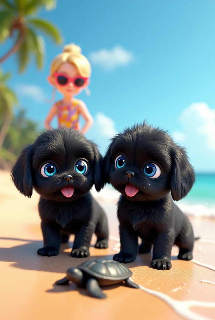 cute adorable 2 black shih tzu puppies with big blue eyes wearing sunglasses, cute blonde girl, extremely detailed, big blue eyes, wearing colorful sun glasses, finding turtles, 3D Pixar style, at beach, photorealistic, (best quality,8k,highres,masterpiece:1.2),ultra-detailed,(realistic:1.37),HDR,vivid colors,studio lighting