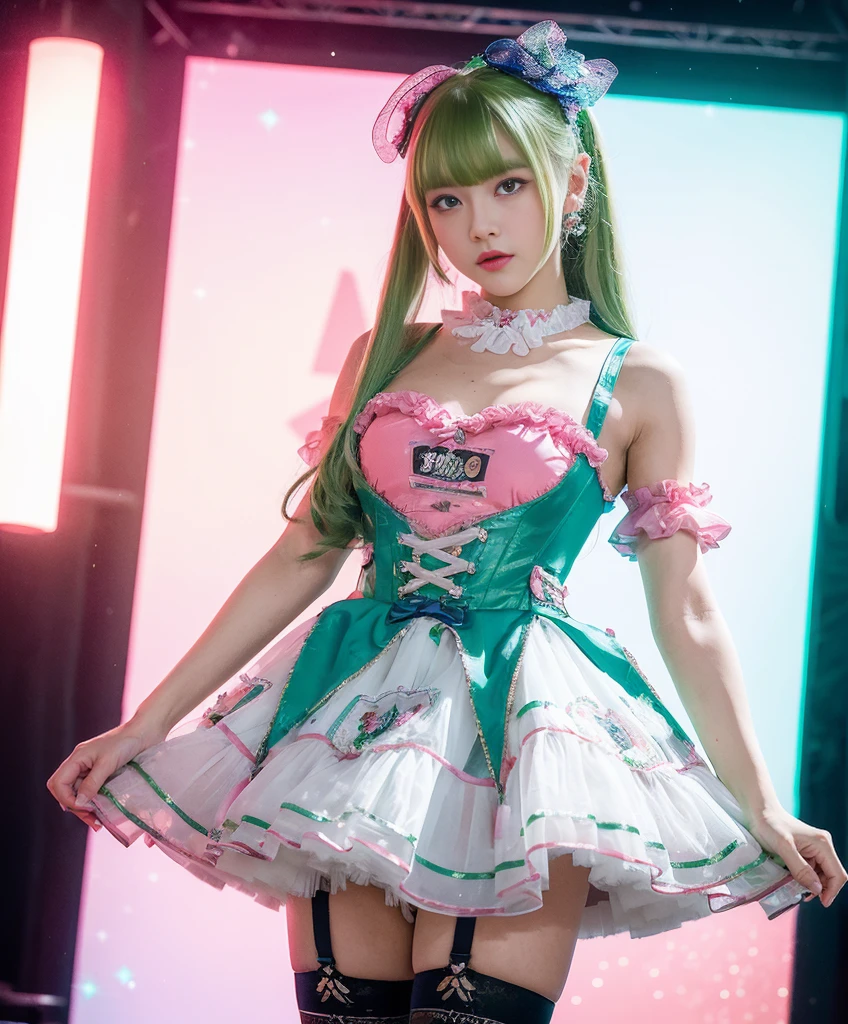 An unparalleled masterpiece, Ultra-realistic 8K , Perfect artwork、British  Culture Fashion、Garter Stockings、Sexy and colorful、A lime green idol-style outfit,、((mini skirt))、Frills、Glitter fashion for women、Detailed face、Perfect Face、Perfect Eyes、High resolution