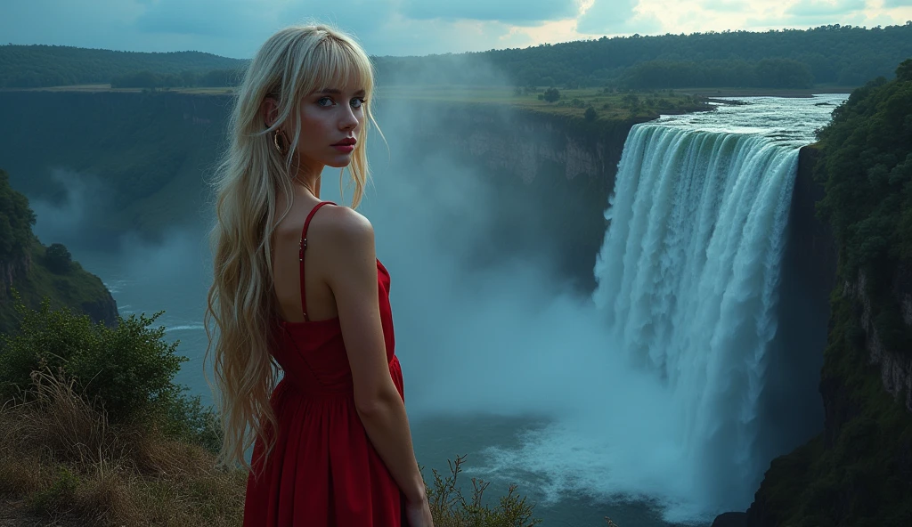 In an 8k resolution photo, a stunning (Russian girl) with a perfect physique, blonde hair flowing down her back like a river of gold and piercing blue eyes takes center stage at the edge of a huge waterfalls overlooking the valley. Her features are accentuated by bright red lipstick and large gold hoop earrings. Round bangs frame her face as she sits confidently (facing the camera:1.3). She wears an elegant short red dress that shows off her perfect body. The high-angle shot captures the grandeur of the majestic waterfall's peak, with the woman situated at its edge, overlooking a breathtaking valley. The deep view expands to reveal a fusion of lush (jungle:1.3), (waterfalls:1.5), river flow amidst the darkness, as if the very forces of nature have converged in this mystical realm in (the dark night:1.8) and (beautiful supernova and galaxy in the sky:1.5).