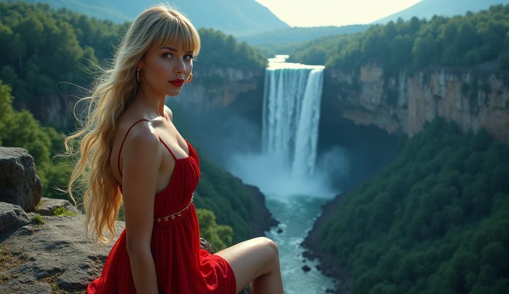 In an 8k resolution photo, a stunning (Russian girl) with a perfect physique, blonde hair flowing down her back like a river of gold and piercing blue eyes takes center stage at the edge of a huge waterfalls overlooking the valley. Her features are accentuated by bright red lipstick and large gold hoop earrings. Round bangs frame her face as she sits confidently (facing the camera:1.3). She wears an elegant short red dress that shows off her perfect body. The high-angle shot captures the grandeur of the majestic waterfall's peak, with the woman situated at its edge, overlooking a breathtaking valley. The deep view expands to reveal a fusion of lush (jungle:1.3), (waterfalls:1.5), river flow amidst the darkness, as if the very forces of nature have converged in this mystical realm in (the dark night:1.8) and (beautiful supernova and galaxy in the sky:1.5).