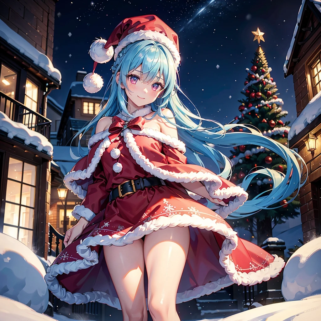 (Sky blue hair tied in a single strand),(Pink Eyes),Fair Skin,Full Body,Alone,smile,Santa Claus Clothes,Giant Christmas Tree in the Background,Snowy Night,Sparkling Night Sky,gift box,(Masterpiece, Top Quality, Very Detailed), Best Shadows,Detailed Background,Beautifully Detailed Face,High Contrast,Best Lighting, Very Delicate and Beautiful,Cinematic Light,Hyper Detail,8k,Dramatic Light,Exquisite Detail,Christmas colors,
