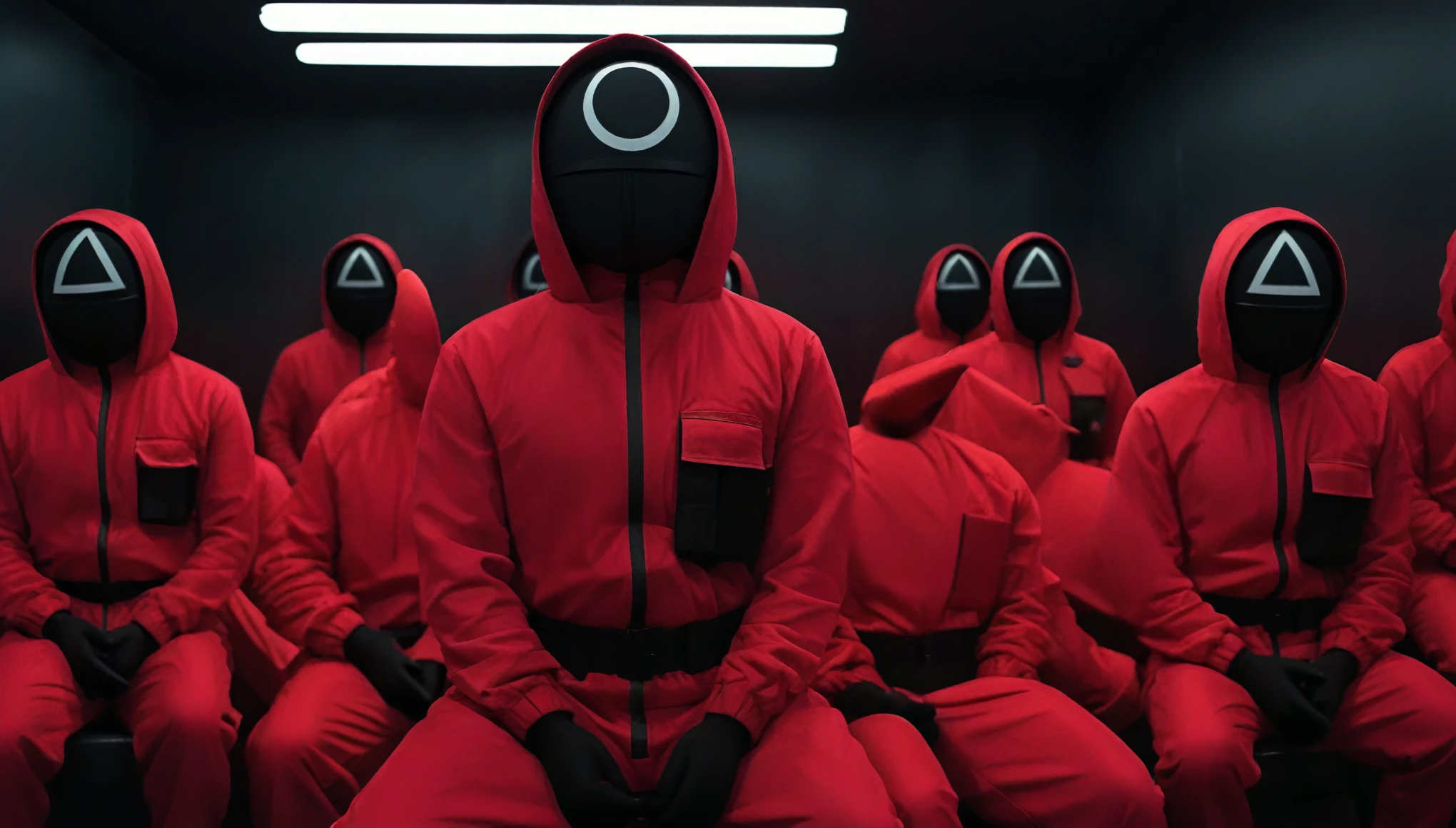 masked soldier, red jumpsuit, black face mask, circle symbol on the mask, seated, pitch-black room, eerie silence, minimal lighting, isolated figure, faceless, ominous presence, tense atmosphere, solitary, oppressive darkness, disciplined posture, geometric design, stark contrast