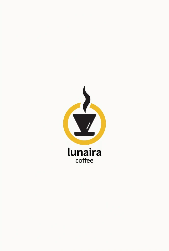 filter coffee flat bottom, dripper, steam, logo, dripper,  only dripper, coffee shop logo, yellow outline only, logo, coffee shop logo, white background, with text "( lunaira coffee )"