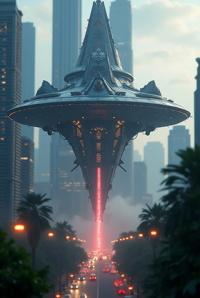 a detailed alien spacecraft, massive alien mothership, futuristic alien technology, alien attack laser beams, alien lightning strikes, tilt-shift photography, cityscape of KLCC, photorealistic, cinematic lighting, dramatic angles, hyperrealistic, intricate details, volumetric fog, dynamic composition, glowing energy effects, vibrant colors, science fiction, concept art style