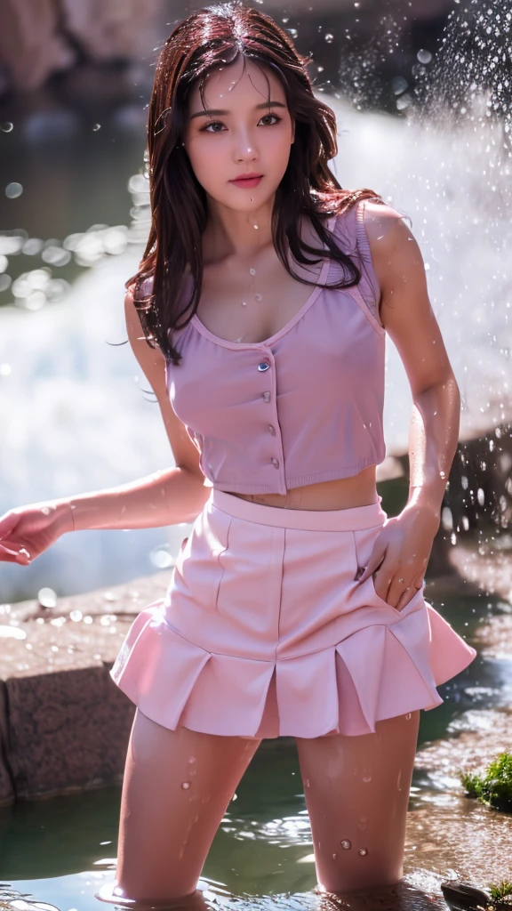 8k, masterpiece, 1 girl, beautiful face, ((very long hair)), glossy makeup, closed mouth, (glossy skin:1.5), detailed eyes, detailed lips, small bust, pink short jacket, lavender vest, ((pink mini skirt)), ((under pants)), ((bare thigh)), straps clothing, (water falling:1.5), steam effect, water vapor, adult pose,