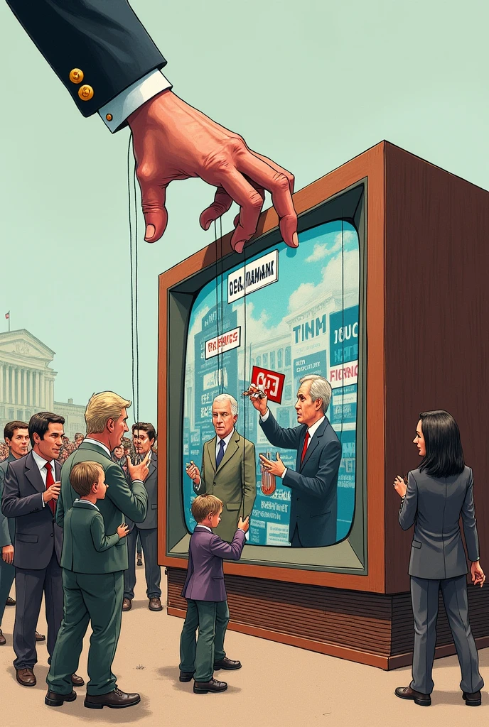 On the short bond paper, draw a scene featuring a large, exaggerated television with various media figures (reporters, anchors, etc.) as puppets controlled by a hand labeled "Political Influence." The television screen displays a mix of sensational news and exaggerated headlines. In the background, show ordinary citizens with puzzled or concerned expressions, looking at the screen.
give me a basic 1