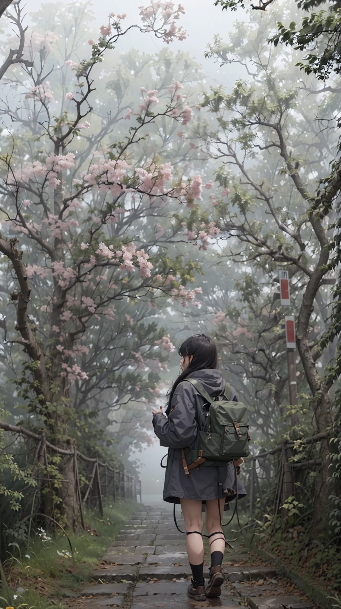 small sexy gal in ((((Mysterious Fog)))),　at town, (((濃い霧))), large back light, bomb, ((attack for viewer)), ready for action, depth, mystery shadow, spark, wind as 円, melting trees as creatures,