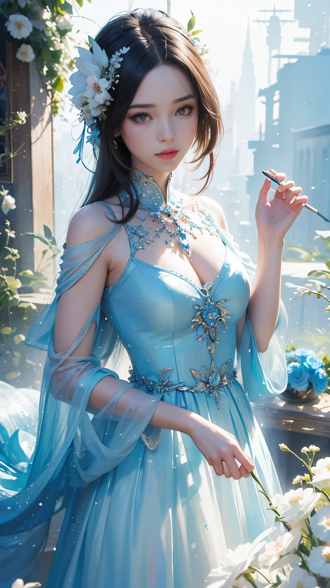 add_detail:2,1girl, ((realistic)), detailed face,princess,taoist),flower, Lisianthus ,in the style of blue and light blue, dreamy and romantic compositions, ((princess dress)), ethereal foliage, playful arrangements,fantasy, high contrast, ink strokes, explosions, over exposure, tone impression , abstract, ((watercolor painting by John Berkey and Jeremy Mann )) brush strokes, negative space,
