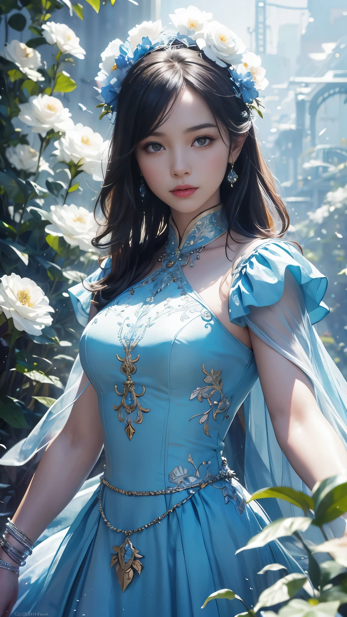 add_detail:2,1girl, ((realistic)), detailed face,princess,taoist),flower, Lisianthus ,in the style of blue and light blue, dreamy and romantic compositions, ((princess dress)), ethereal foliage, playful arrangements,fantasy, high contrast, ink strokes, explosions, over exposure, tone impression , abstract, ((watercolor painting by John Berkey and Jeremy Mann )) brush strokes, negative space,