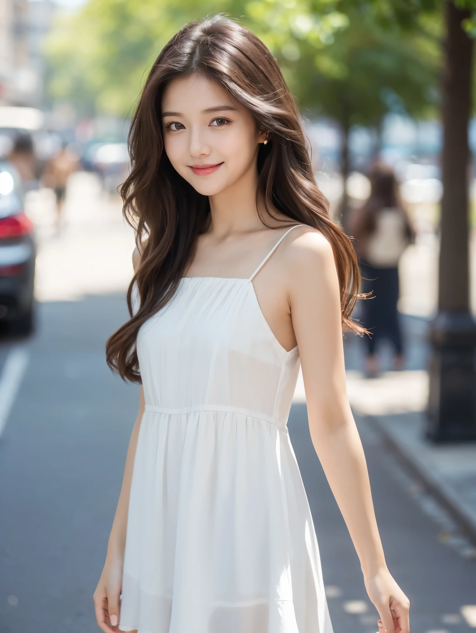 ((Best Quality, 8k, Masterpiece:1.3)), 1 girl, smiling, full body, small face, cute woman, (dark brown long hair), white full body short dress:1.2, highly detailed face, delicate eyes, double eyelids, long wavy hair, blurred background, small face, afternoon city, exterior, street, random body orientation,