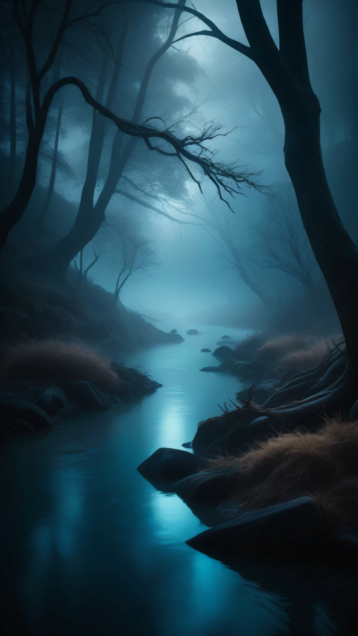 a mysterious thick fog in the dark magic river, moody dramatic lighting, dark fantasy landscape, gloomy atmospheric, fog mist, eerie glowing water, twisted dark trees, surreal dream-like, ultra-detailed,dark fantasy art,dramatic lighting,deep blue tones,cinematic mood