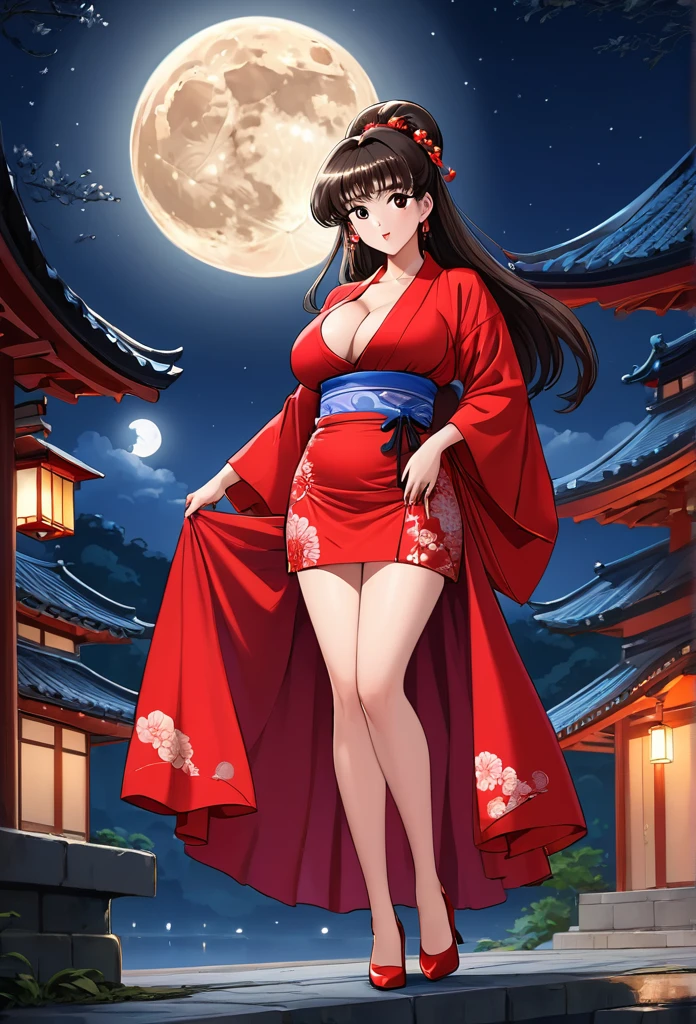 Cartoons of the 90s, One person, alone, dress, full moon, In the same way, In the same way skirt, kimono, moon, moonlight, Outdoor, red In the same way, skirt, (masterpiece, Highest quality, Professional, Perfect composition, so beautiful,Big Breasts, Absurd, Very detailed, Intricate details:1.3)