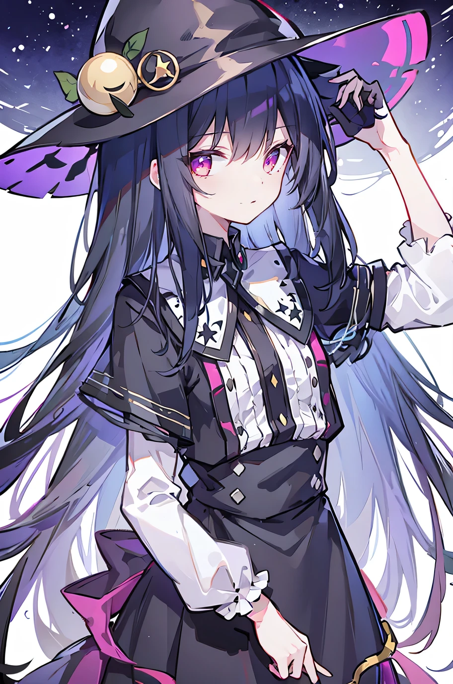 oung Girls,Humanity,A magician always smiles,big witch hat,cute,dark blue long hair,The eyes are dull,The bangs are heavy,Thin eyebrows,fantasy,intake,Double teeth,Star Theme,Constellation pattern,Solid color clothetal decoration,cloak,A bit of a dark atmosphere,A little crazy smile,When the big moon shines outside at night,blood,Hair black star embellishment,Short tie,No nails,High waist skirt,Bell sleeves,Long-sleeved shirt,Black tie,low risk,gentlemen。Mist、Yellow and white effect，Shocking pink as an accent color