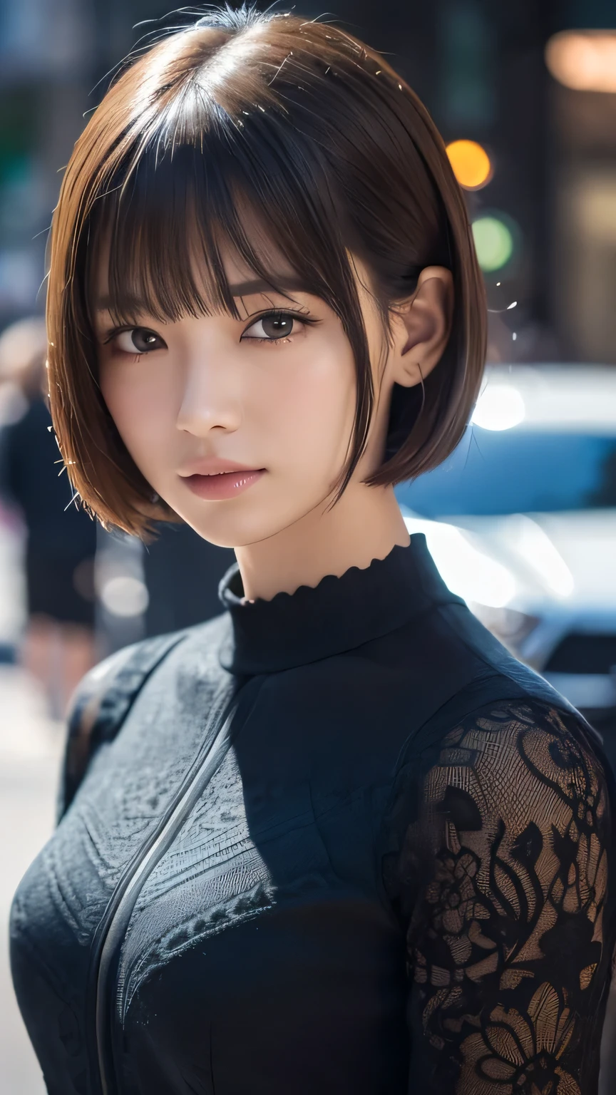(Ultra-realistic), (figure), (High resolution), (8k), (Very detailed), (Best figure), (Beautiful and detailed), (Highest quality), (Super detailed), (masterpiece), (wallpaper), (Detailed face), alone, One Girl, watching viewer, Trendy clothes,Less exposure、Fine details, Detailed face, In the Dark, Deep Shadow, Modest, Pure Erotic Face Ace_v1, cool, short hair, Pointed diagonal bangs,Aoyama Street