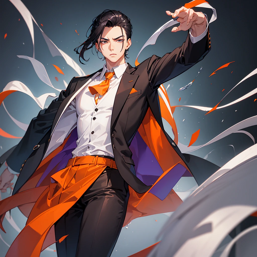 cool male Asian Black slicked-back hair Orange jacket White shirt Black trousers Slender 19 years old mysterious Sweets lover Confused eyes Purple Eyes