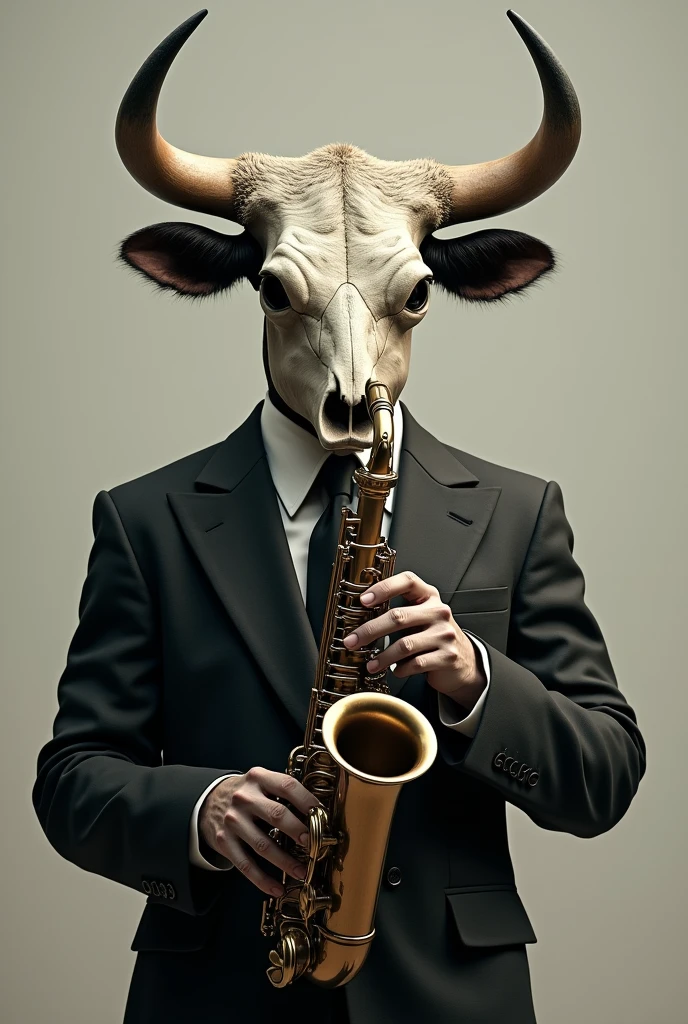 Generate a person with a bull skull head and a suit playing the saxophone