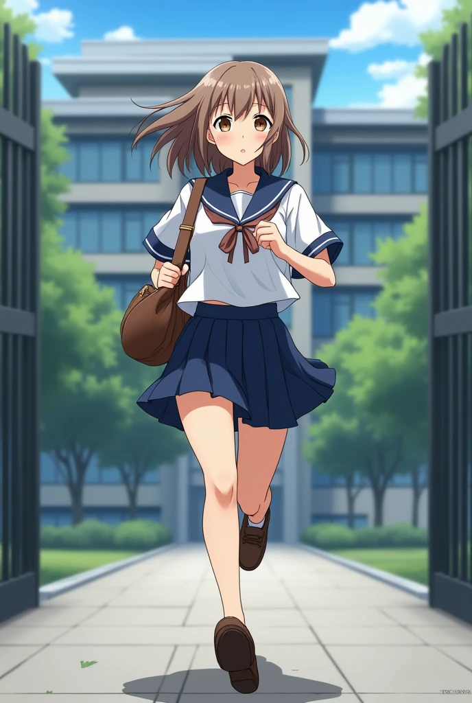(( side view)) , Full body , running, Japanese JK Girl , (16 year-old),(Detailed face, Beautiful brown Eyes, Light brown straight middle hair, fringe, small lips little smile), (C cup breasts, Slender Hoist, middle Hip) ,(High school uniform, cute Sailor suit , Navy blue gather middle skirt, summer style), brown leather shoes, brown school bag, front school gate , background high-school building, (masterpiece, highest quality, High resolution, Photo realistic, sharp, RAW Photos, 8k wallpaper, perfection, Professional Lighting, Very detailed),