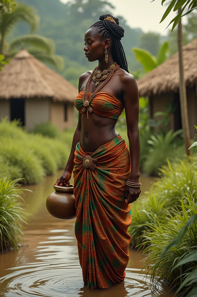 Generate a realistic and consistent image of Nma a very beautiful 28 years Nigerian princess, tieing rapper on her chest and waist decorated with beads on her hair and waist, fetching water from the village stream