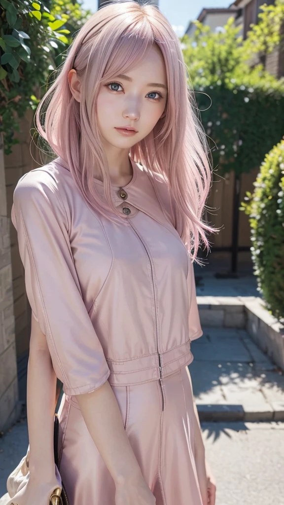 best quality, masterpiece, upper body, woman, blonde hair blown in the wind, shining eyes, steampunk nude style, thin clothes, pink clothes, pink hair