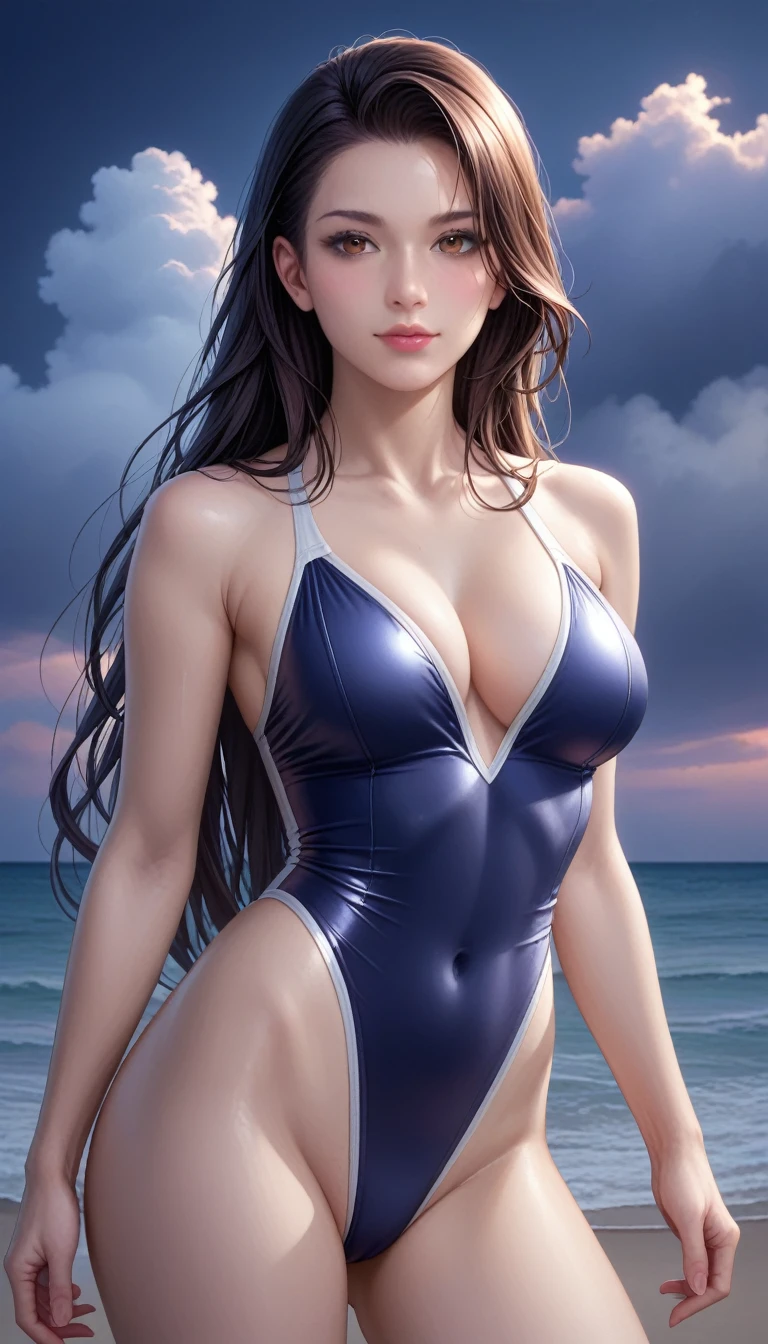 score_9, score_8_superior, score_7_superior, High-resolution CG illustration,A masterpiece in 32K resolution,Highest quality,it is really amazing,Very detailed,Ultra-high resolution,Ultra-realistic,Realistic,Increased depth of field,Cinematic lighting,
Sexy mature Japan woman,
Straight long hair with black hair,Ultra-detailed and beautiful face,Calm and gentle look,Beautiful brown eyes,Translucent white skin,Realistic skin texture,Great proportions,
Sexy high leg swimsuit,
Artistic design,Chic color scheme,Detailed fabric texture,
Dark overcast sky on a dull night,Dark clouds filling the sky,Thundercloud,Coastline at night,Stormy seas,delay々A desolate sandy beach that continues,
Cleavage up,Cinematic Angle,